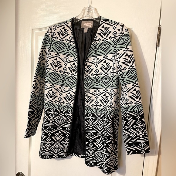 Love 21 Blazer Jacket Black Green Geometric Open Lined Collarless Work Size XS - Picture 2 of 11
